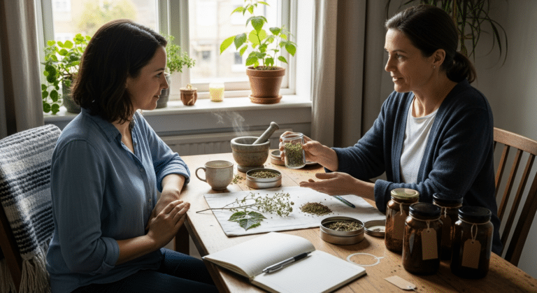 fitoterápia konzultáció: tanácsadás pásztortáskával és málnalevéllel napsütötte szobában