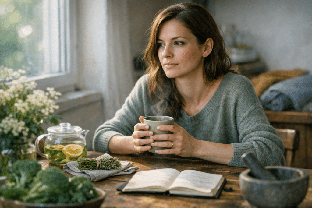 Nő a konyhában bögrével, gondterhelt tekintet, magas ösztrogén