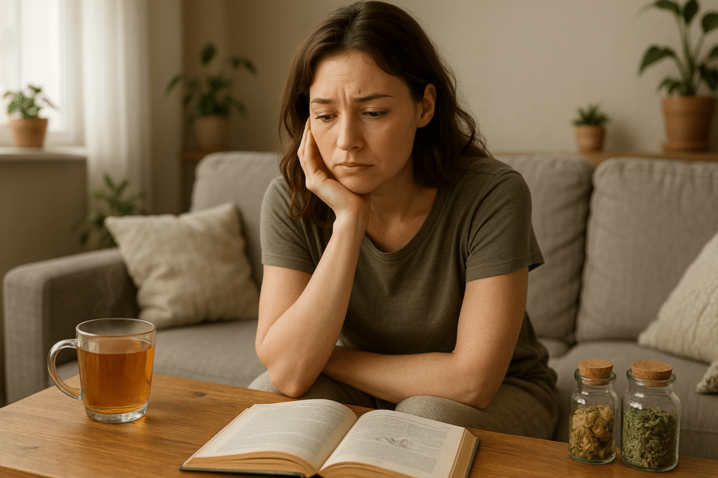 Fiatal nő természetes környezetben, női hangulatingadozás kezelése gyógynövényekkel.