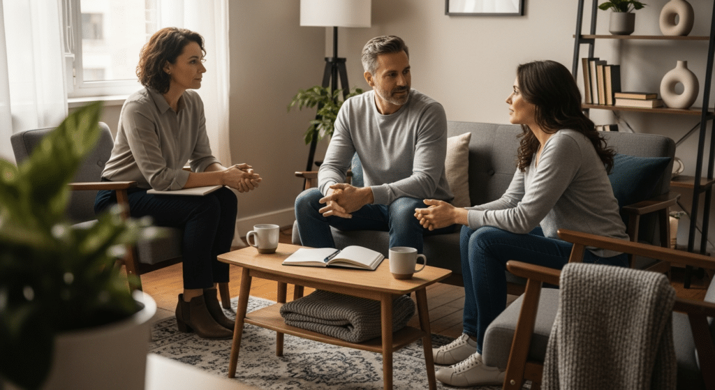Pár ül terapeuta előtt párkapcsolati tanácsadás során, nyugodt beszélgetés.