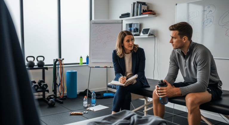 Sport szakpszichológus konzultáció edzőtermi sarokban, empatikus beszélgetés sportolóval