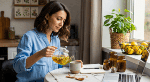 Nő teát készít természetes módszerek erős vérzés ellen szemléltetésére