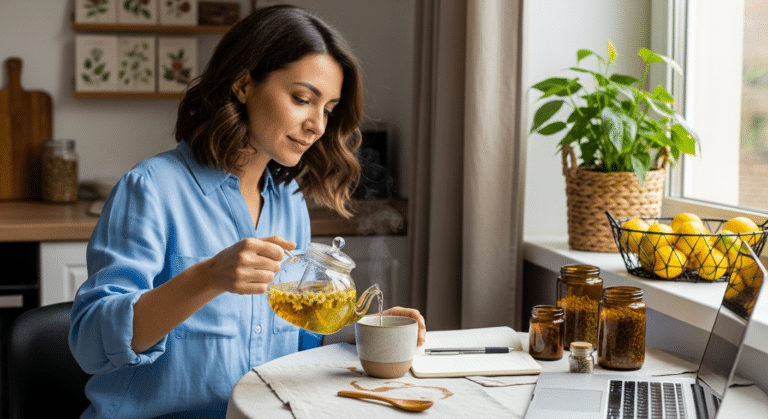 Nő teát készít természetes módszerek erős vérzés ellen szemléltetésére