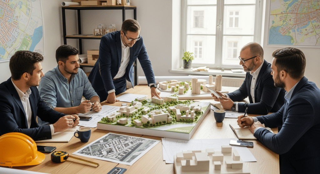 városfejlesztési módszertan csapat 1:500 makett körül stúdióban