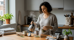 citromfűtea készítése szoptató anyukáknak, anyuka szárított levelet szed és forró vizet önt