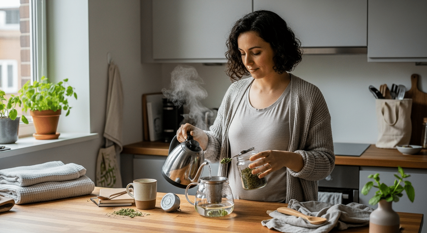 citromfűtea készítése szoptató anyukáknak, anyuka szárított levelet szed és forró vizet önt