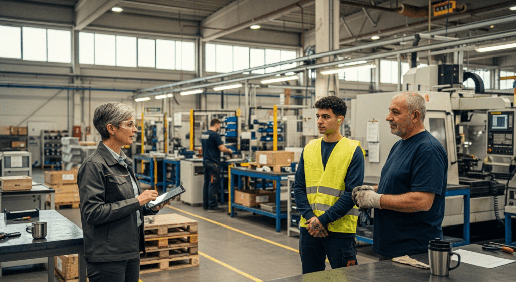 kékgalléros munkaerőhiány: HR-vezető toboroz fiatal és tapasztalt dolgozókat a gyárban