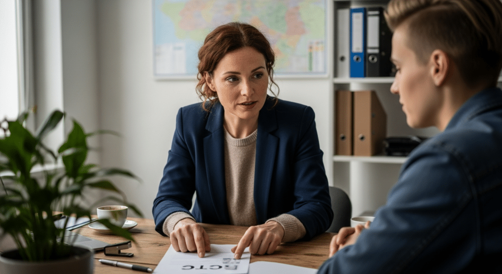 munkaerő közvetítés — tanácsadó és jelölt áttekintik az önéletrajzot