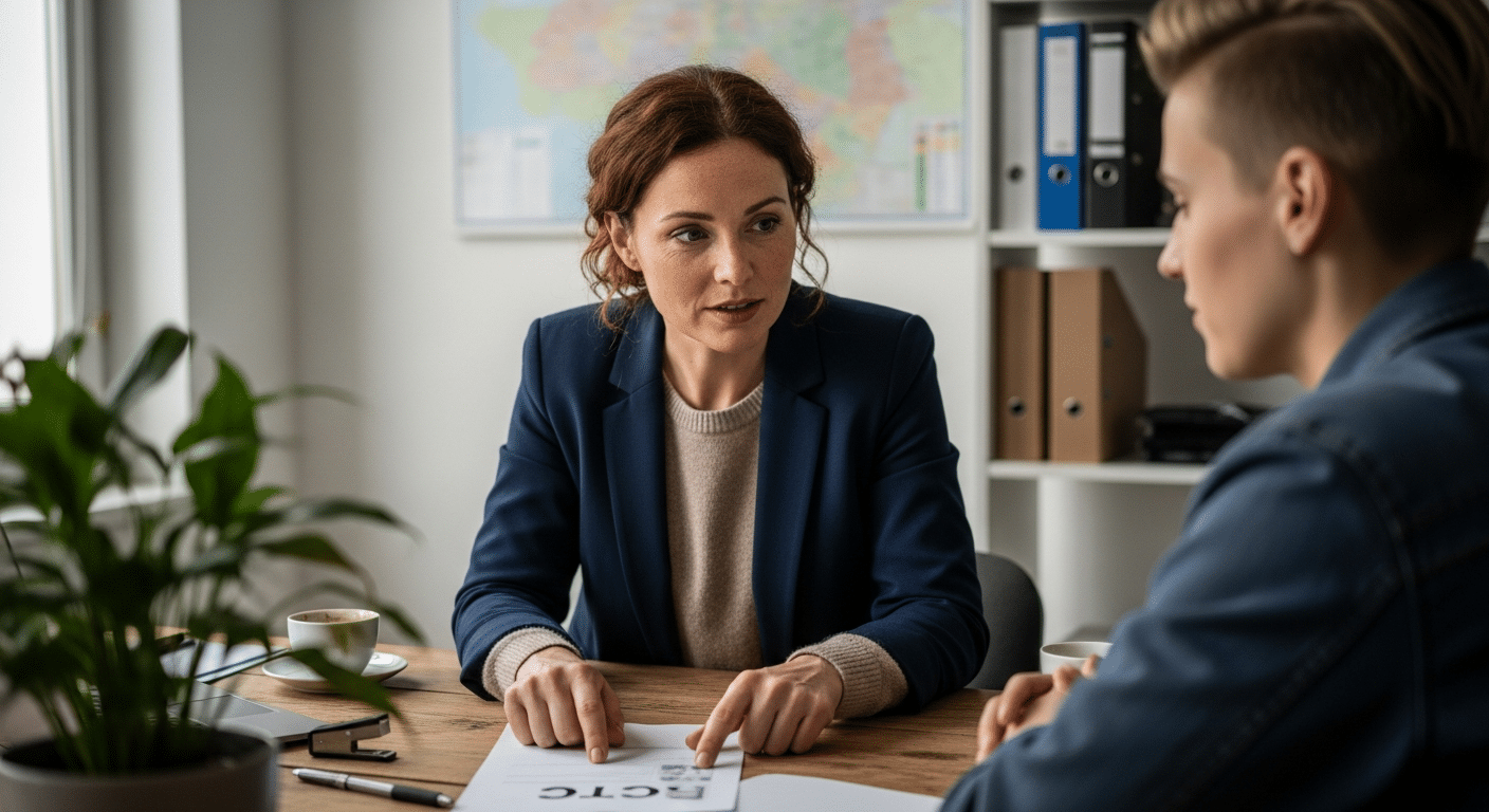 munkaerő közvetítés — tanácsadó és jelölt áttekintik az önéletrajzot