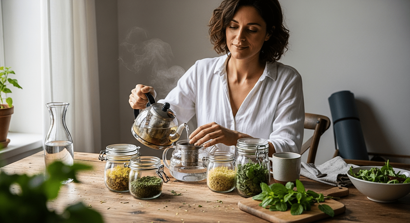 Nő a konyhában gyógynövényekkel és teával, természetes módszerek