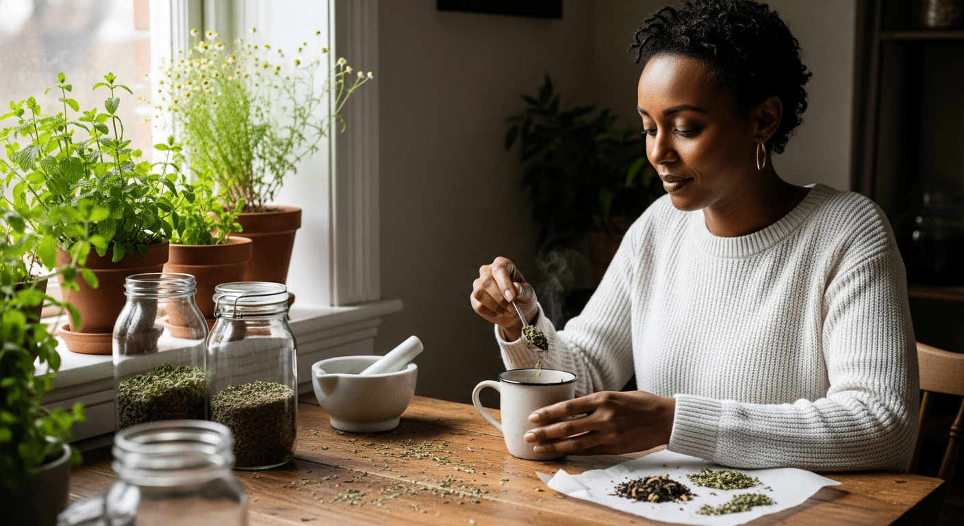 Nő készít gyógynövényes teát otthon — Varázslónő teakeverék