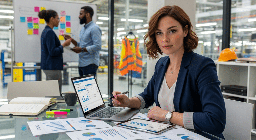 Gyártási pénzügyi szakember asztalnál, manufacturing erp jobs témájú kép