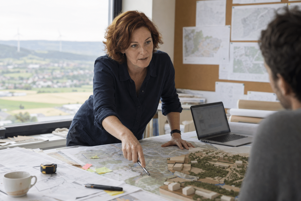 területfejlesztés: regionális tervező nő térképet és makettet mutat